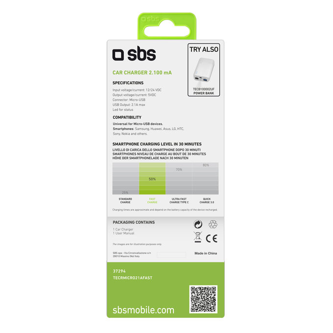 SBS - Car Charger Micro-USB, 2.1A, black