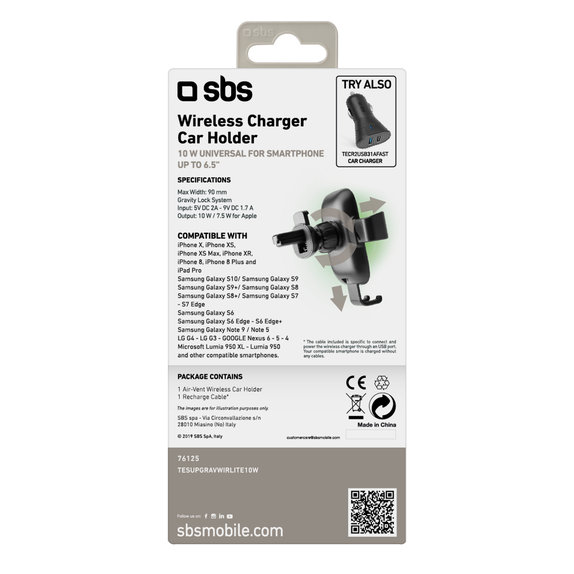 SBS - Gravity Car Holder with Wireless Charging, 10W, Qi, black