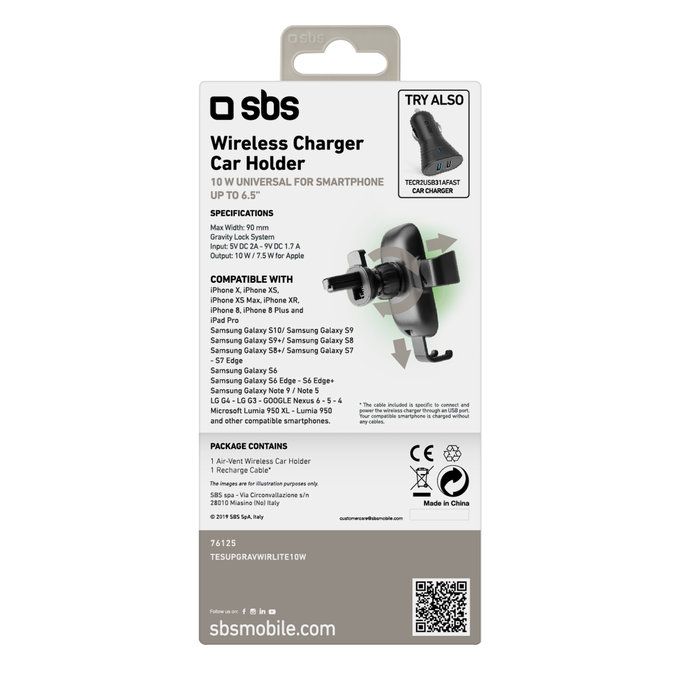 SBS - Gravity Car Holder with Wireless Charging, 10W, Qi, black