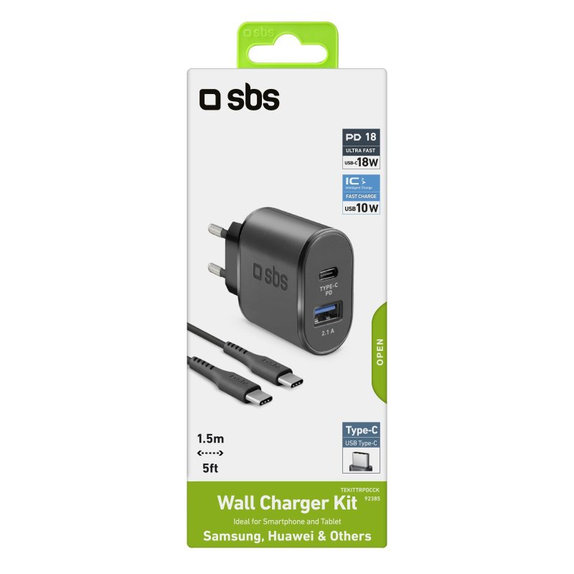 SBS - 18W Charging Adapter USB, USB-C + Cable USB-C / USB-C, black