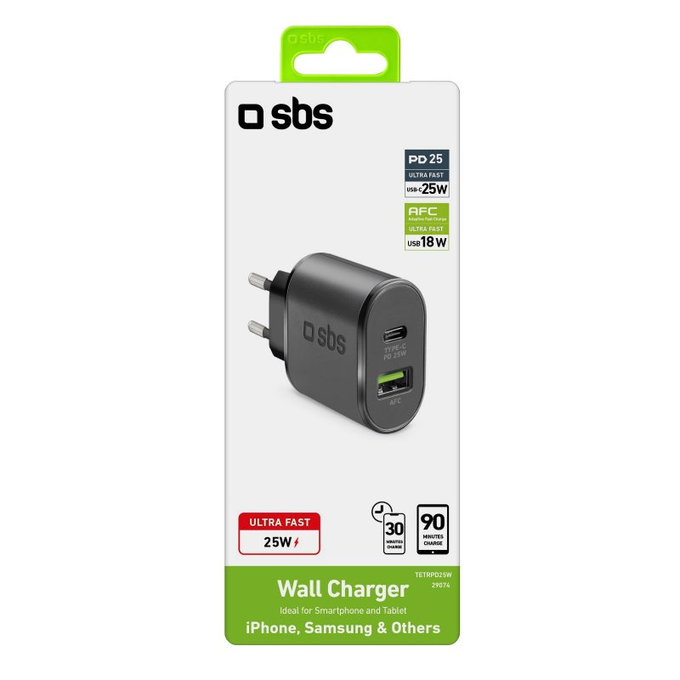SBS - 25W Charging Adapter USB, USB-C, black