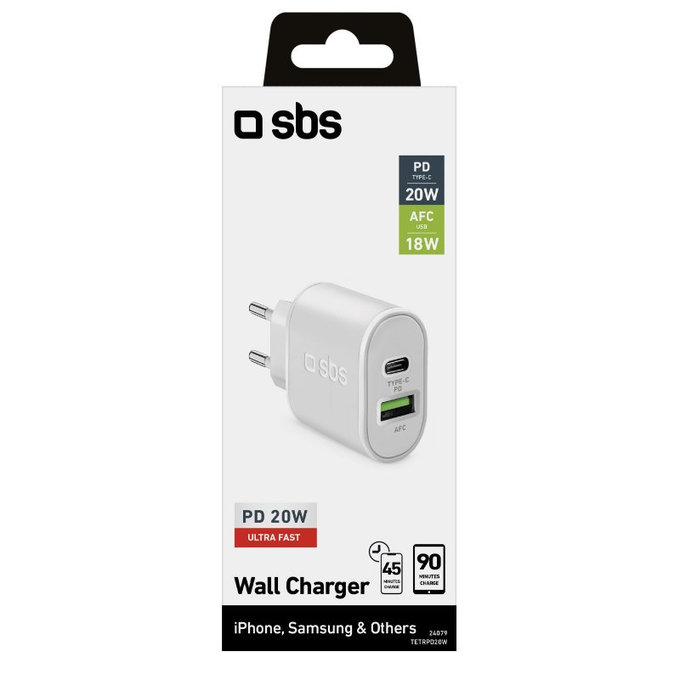 SBS - 20W Charging Adapter USB, USB-C, white