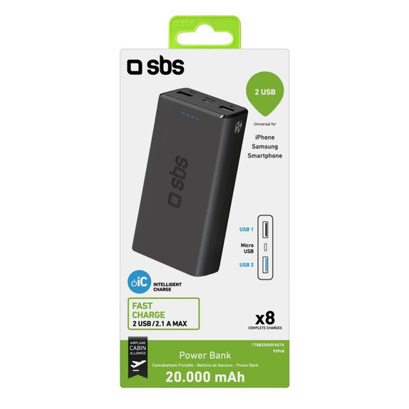 SBS - PowerBank 20 000 mAh, 2x USB, 2,1A, black