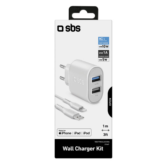 SBS - 10W Charging Adapter 2x USB + Cable USB / Lightning, white