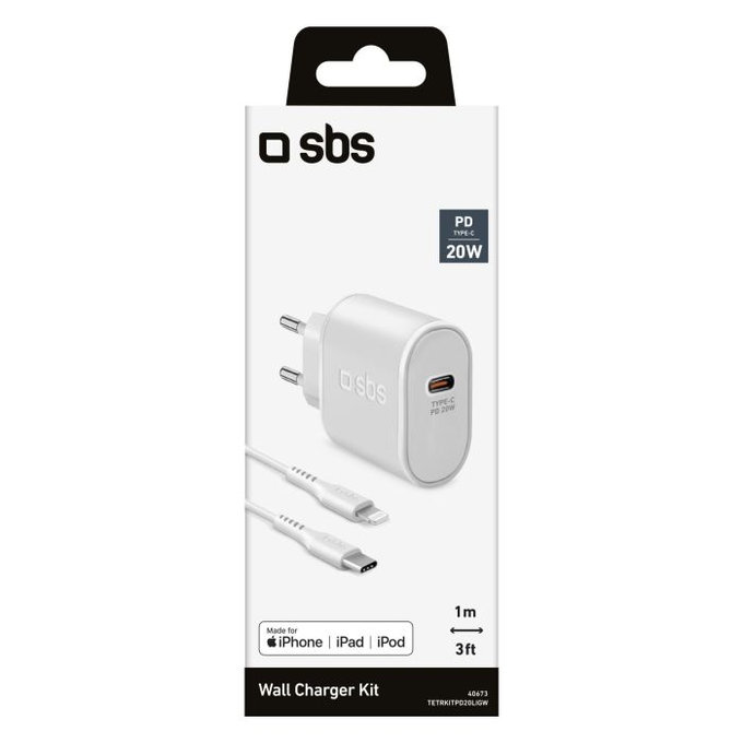 SBS - 20W Charging Adapter USB-C PowerDelivery + Cable Lightning (1m), white