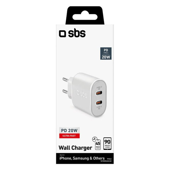 SBS - 20W Charging Adapter 2x USB-C Power Delivery, white