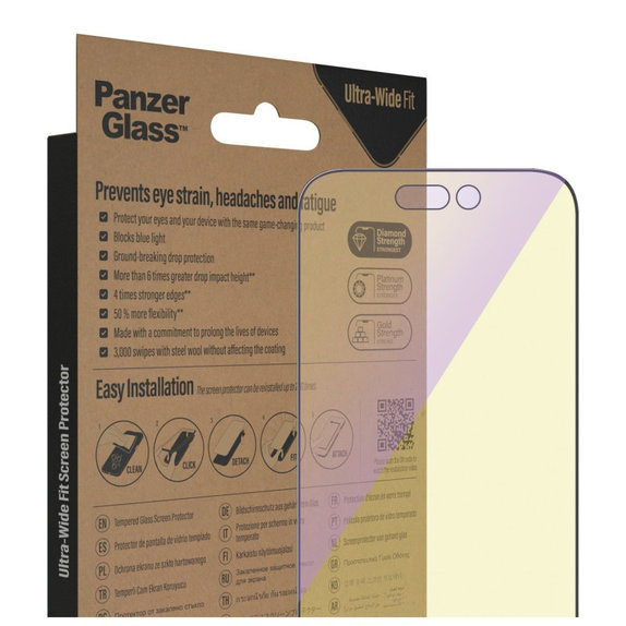 Tempered Glass UWF Anti-Bluelight AB with Applicator for iPhone 14 Pro, Black, PanzerGlass