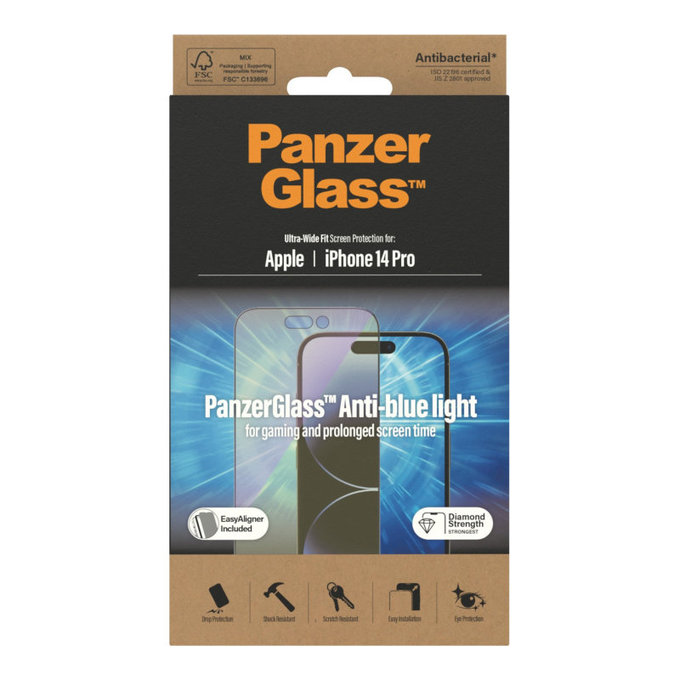 Tempered Glass UWF Anti-Bluelight AB with Applicator for iPhone 14 Pro, Black, PanzerGlass