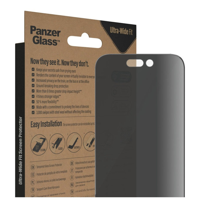 Tempered Glass UWF Privacy AB with Applicator for iPhone 14 Pro, Black, PanzerGlass
