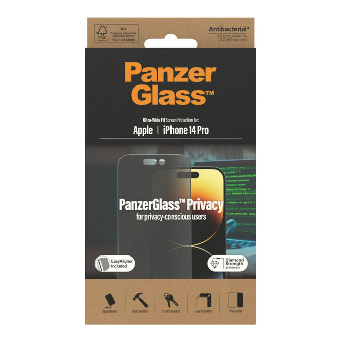 Tempered Glass UWF Privacy AB with Applicator for iPhone 14 Pro, Black, PanzerGlass