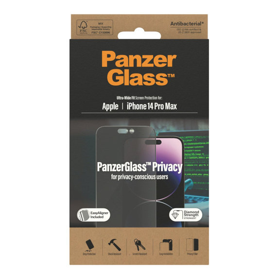 Tempered Glass UWF Privacy AB with Applicator for iPhone 14 Pro Max, Black, PanzerGlass