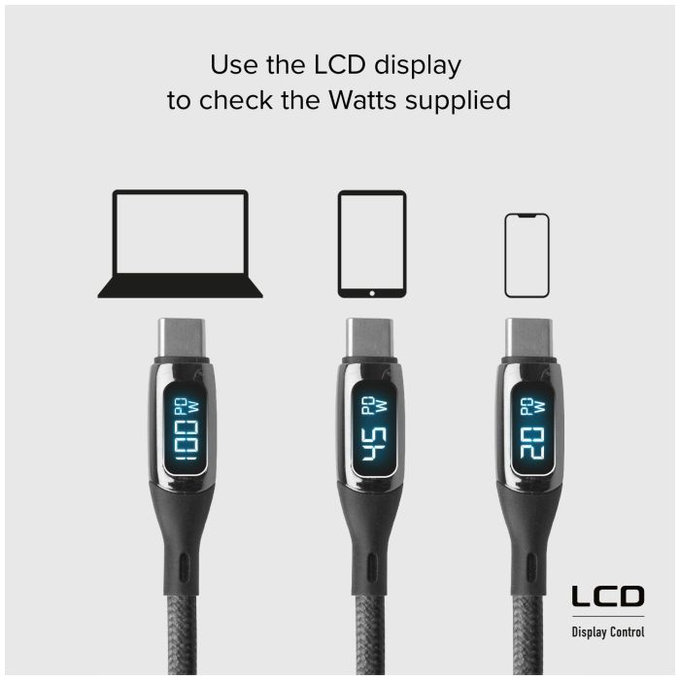 SBS - USB-C / USB-C Cable with LCD & PowerDelivery 100W (1m), black