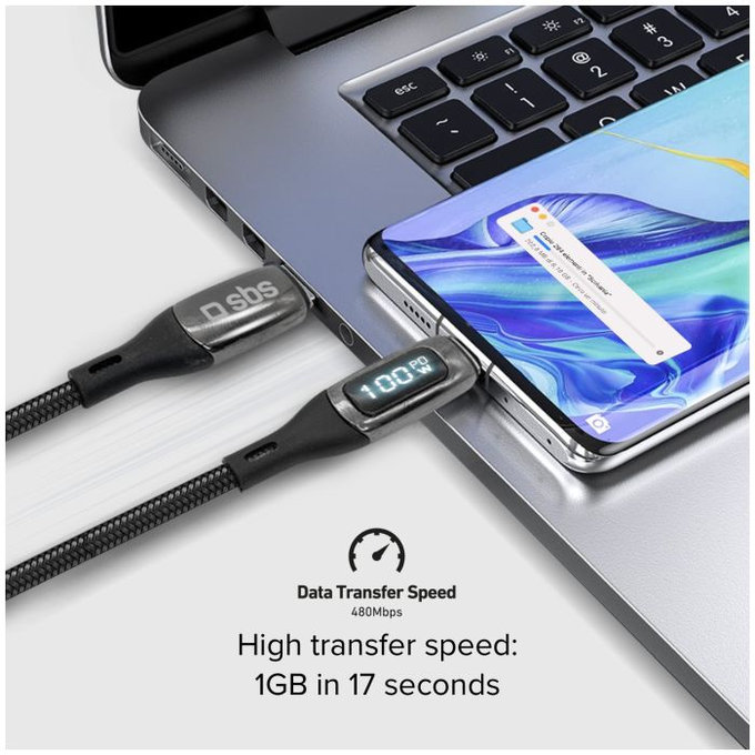 SBS - USB-C / USB-C Cable with LCD & PowerDelivery 100W (1m), black