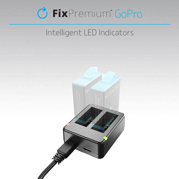 FixPremium - Charging Station for 2 GoPro Batteries (Hero (2018)/Hero 5/Hero 6/Hero 7/Hero 8), black