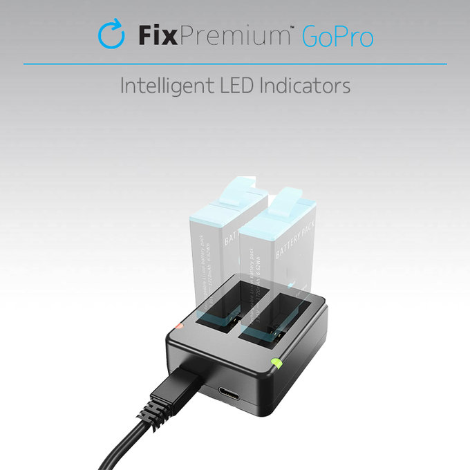 FixPremium - Charging Station for 2 GoPro Batteries (Hero (2018)/Hero 5/Hero 6/Hero 7/Hero 8), black