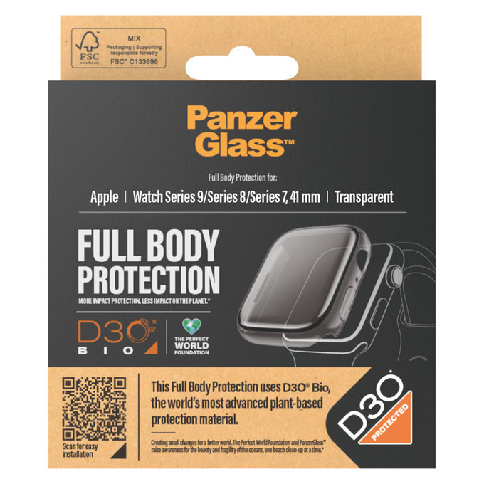 Tempered Glass Full Body D3O for Apple Watch 9/8/7 41 mm, Transparent, PanzerGlass