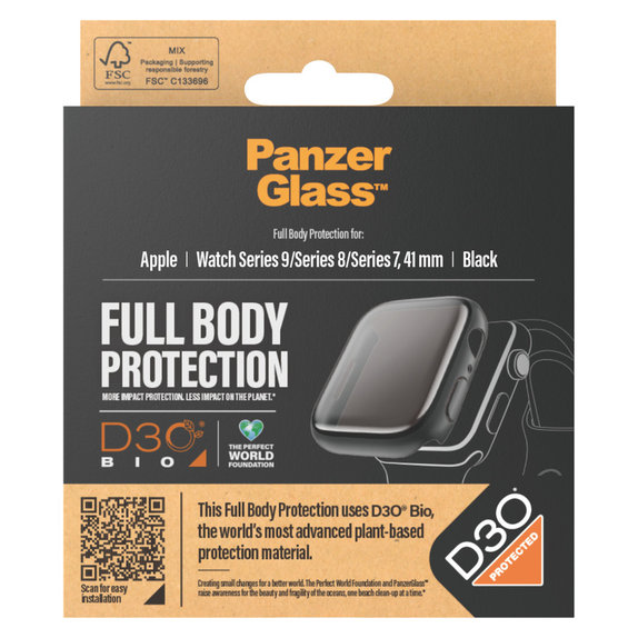Tempered Glass Full Body D3O for Apple Watch 9/8/7 41 mm, Black, PanzerGlass