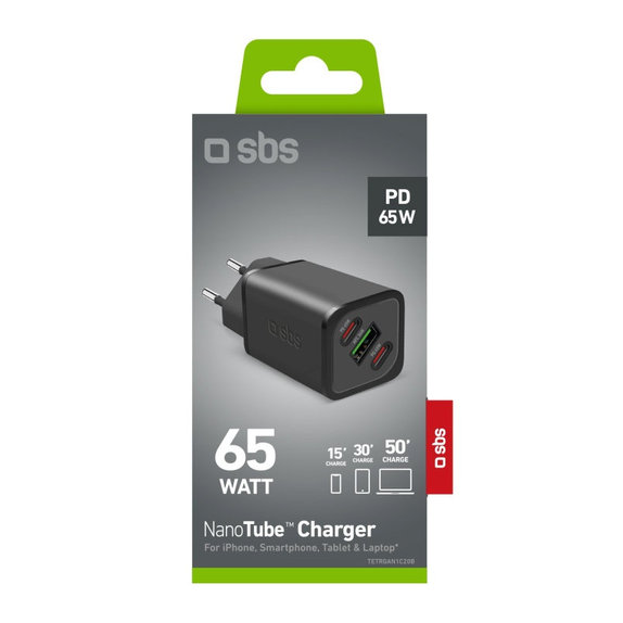 Travel Adapter NanoTube 2x USB-C/USB-A, GaN, 65 W PD, black, SBS