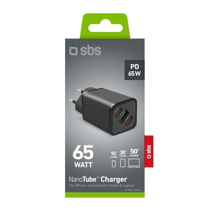 Travel Adapter NanoTube 2x USB-C/USB-A, GaN, 65 W PD, black, SBS