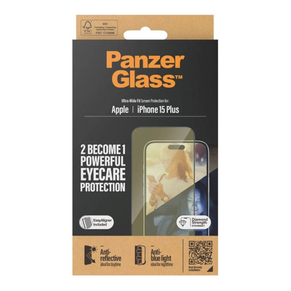 Tempered Glass UWF Eyecare with Applicator for iPhone 15 Plus, Black, PanzerGlass