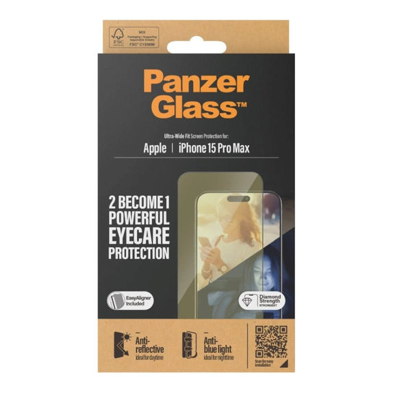 Tempered Glass UWF Eyecare with Applicator for iPhone 15 Pro Max, Black, PanzerGlass
