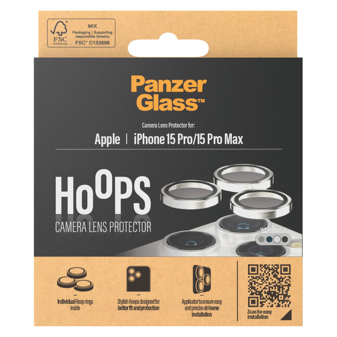 Camera Lens Protector Hoops for iPhone 15 Pro/15 Pro Max, White Metal, PanzerGlass