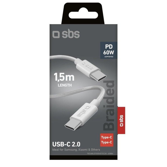 SBS - Braided Cable USB-C/USB-C, PD, 60W, 2m, white