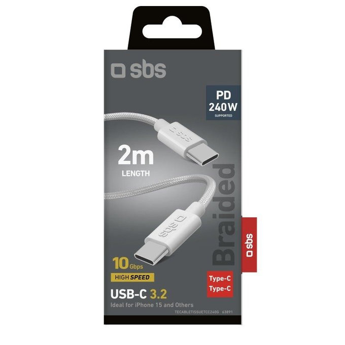 SBS - Braided Cable USB-C/USB-C, PD, 240W, 2m, white