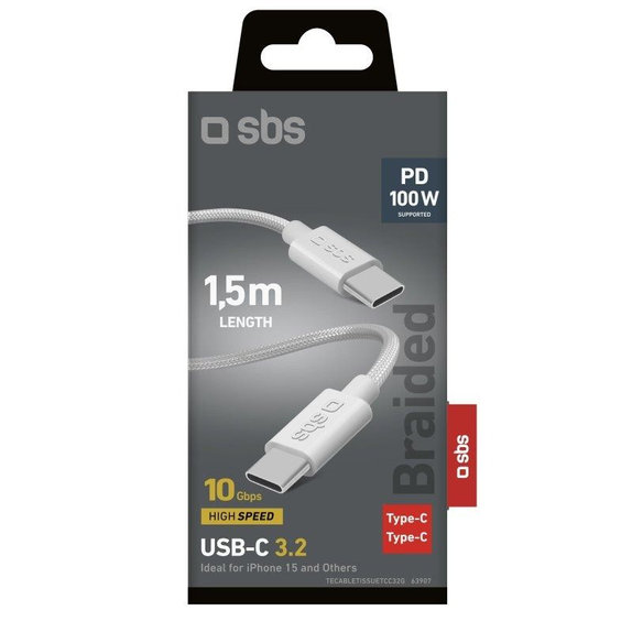 SBS - Braided Cable USB-C/USB-C, PD, 100W, 1.5m, white