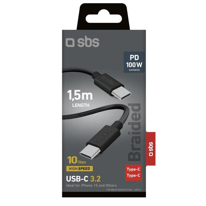 SBS - Braided Cable USB-C/USB-C, PD, 100W, 1.5m, black