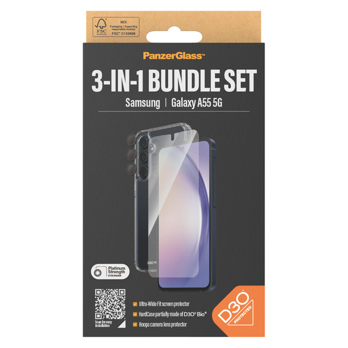 Bundle Hoops + Tempered Glass UWF + Hard Case D3O for Samsung Galaxy A55 5G, PanzerGlass