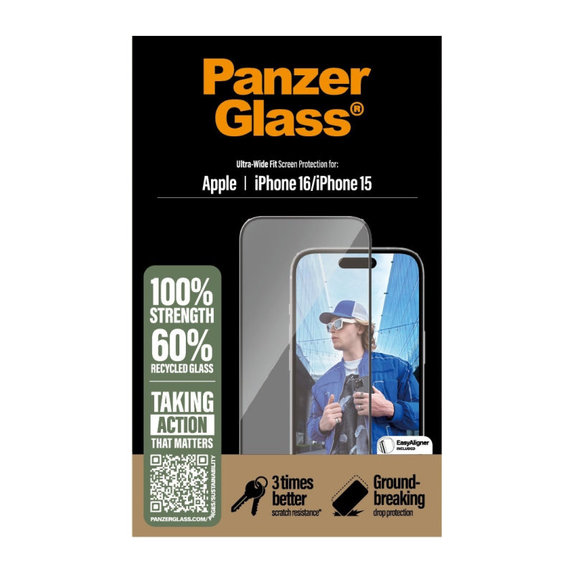UWF Tempered Glass with Applicator for iPhone 16/15, Black, PanzerGlass