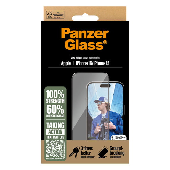 UWF Tempered Glass with Applicator for iPhone 16/15, Black, PanzerGlass