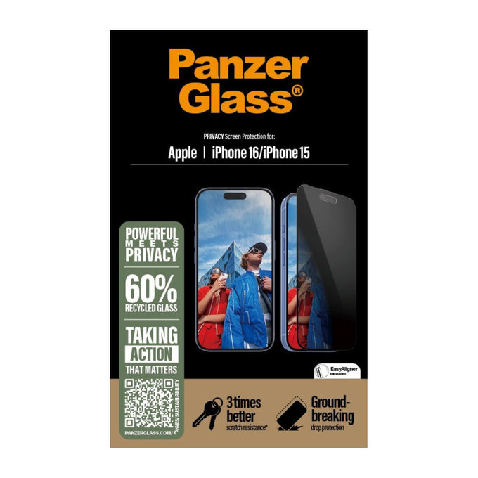 UWF Privacy Tempered Glass with Applicator for iPhone 16/15, Black, PanzerGlass