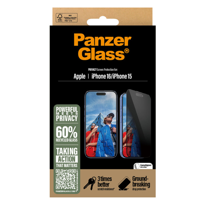 UWF Privacy Tempered Glass with Applicator for iPhone 16/15, Black, PanzerGlass