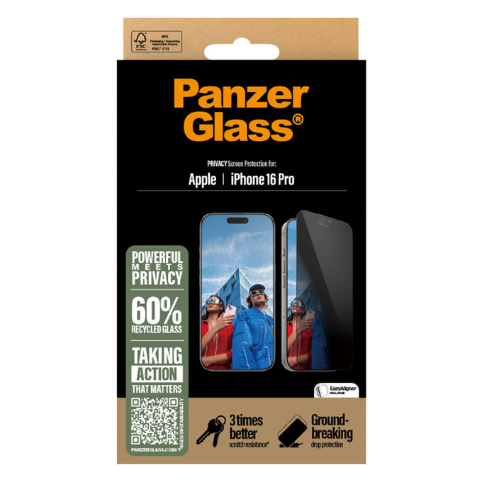 PanzerGlass - Tempered Glass UWF Privacy with applicator for iPhone 16 Pro, black