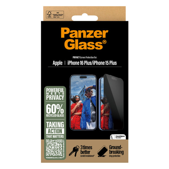 PanzerGlass - Tempered Glass UWF Privacy with applicator for iPhone 16 Plus, black