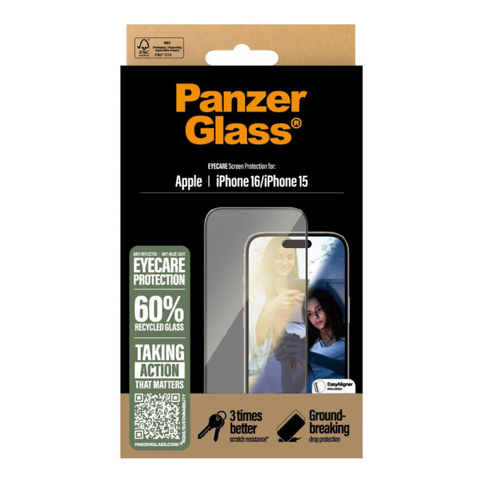 Tempered Glass UWF Eyecare with Applicator for iPhone 16/15, Black, PanzerGlass
