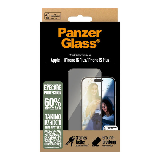 Tempered Glass UWF Eyecare with Applicator for iPhone 16 Plus/15 Plus, Black, PanzerGlass