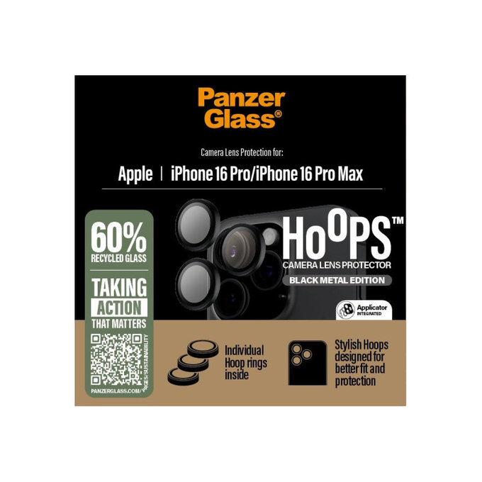 Hoops Camera Lens Protector for iPhone 16 Pro Max/16 Pro, Black, PanzerGlass