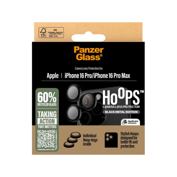 Hoops Camera Lens Protector for iPhone 16 Pro Max/16 Pro, Black, PanzerGlass