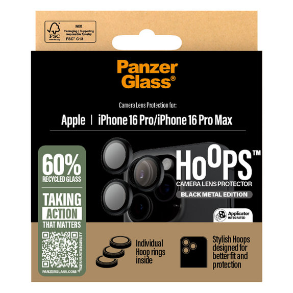 Hoops Camera Lens Protector for iPhone 16 Pro Max/16 Pro, Black, PanzerGlass
