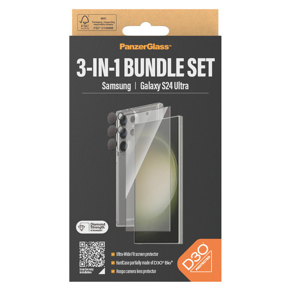 Bundle Hoops + Tempered Glass UWF + Hard Case D3O for Samsung Galaxy S24 Ultra, PanzerGlass