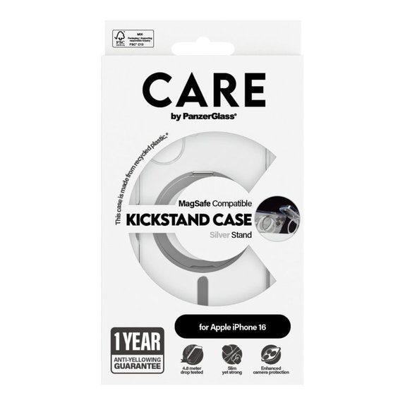 Kickstand Case with MagSafe for iPhone 16, Silver, CARE
