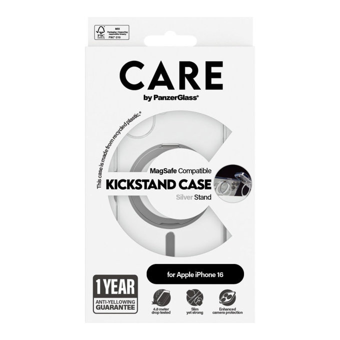 Kickstand Case with MagSafe for iPhone 16, Silver, CARE