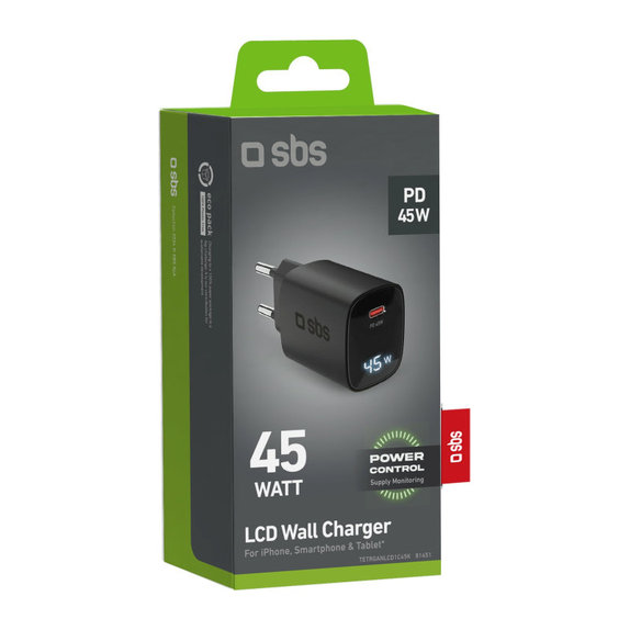 Travel Adapter LCD USB-C, GaN, 45 W PD, black, SBS