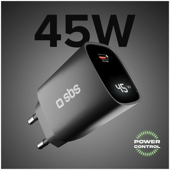 Travel Adapter LCD USB-C, GaN, 45 W PD, black, SBS