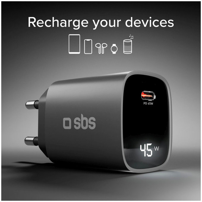Travel Adapter LCD USB-C, GaN, 45 W PD, black, SBS