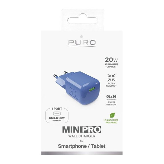 PURO - Charging Adapter MiniPro USB-C, GaN, 20W, blue lagon
