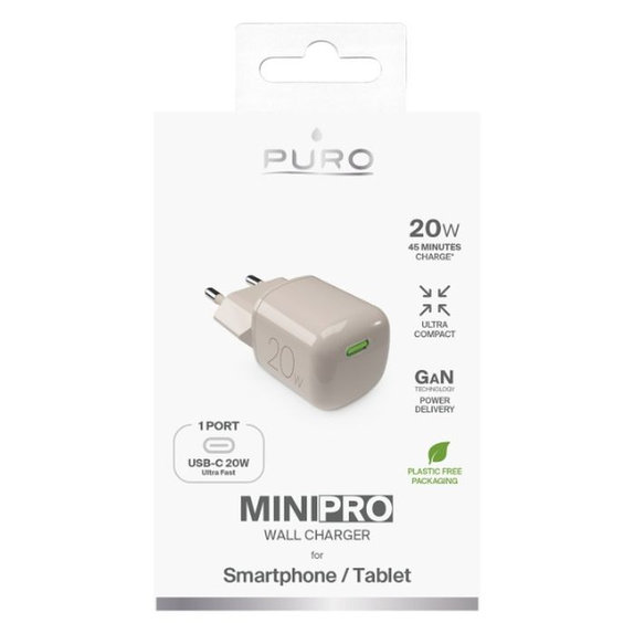 PURO - Charging Adapter MiniPro USB-C, GaN, 20W, sandshell